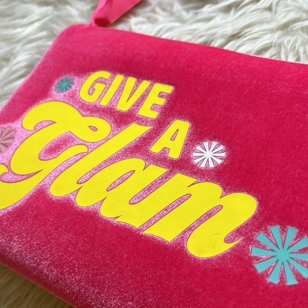Benefit give a glam Barbie, pink velvety recycled make up travel bag zip